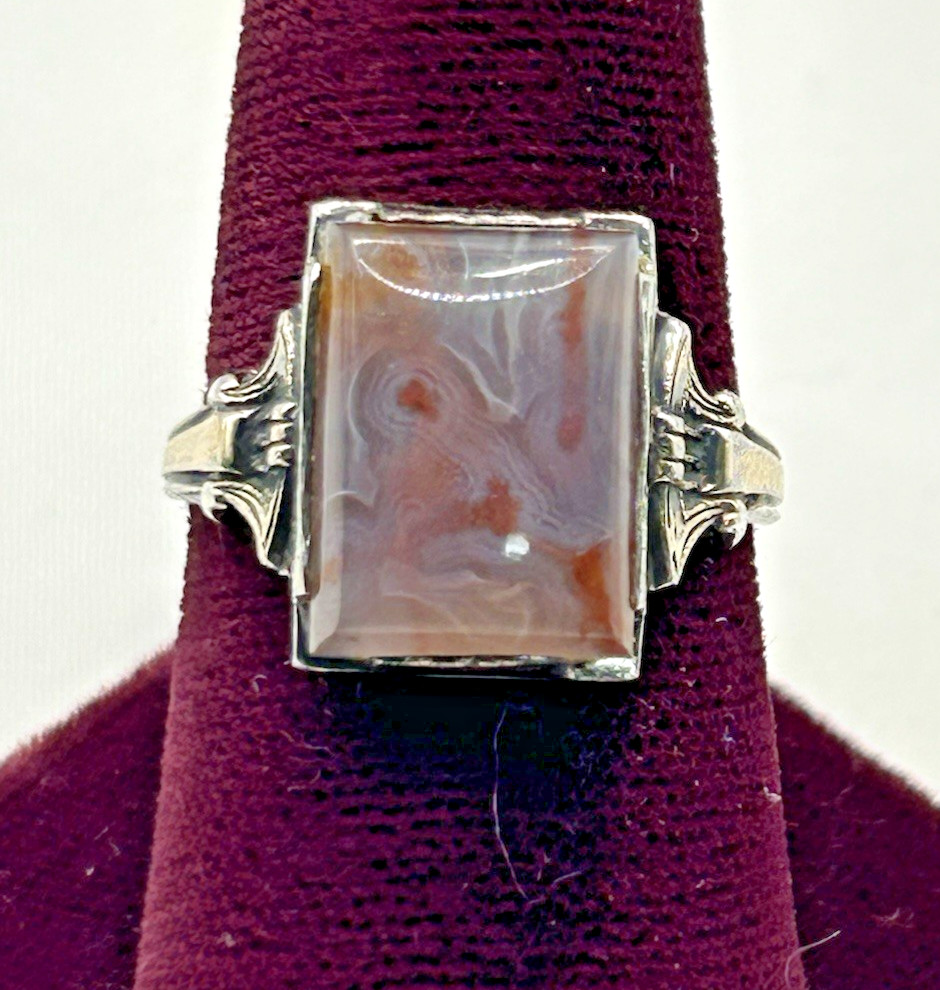 Vintage Art Deco Clark & Coombs C&C Sterling Silver /10K Pink Agate Ring Size 8