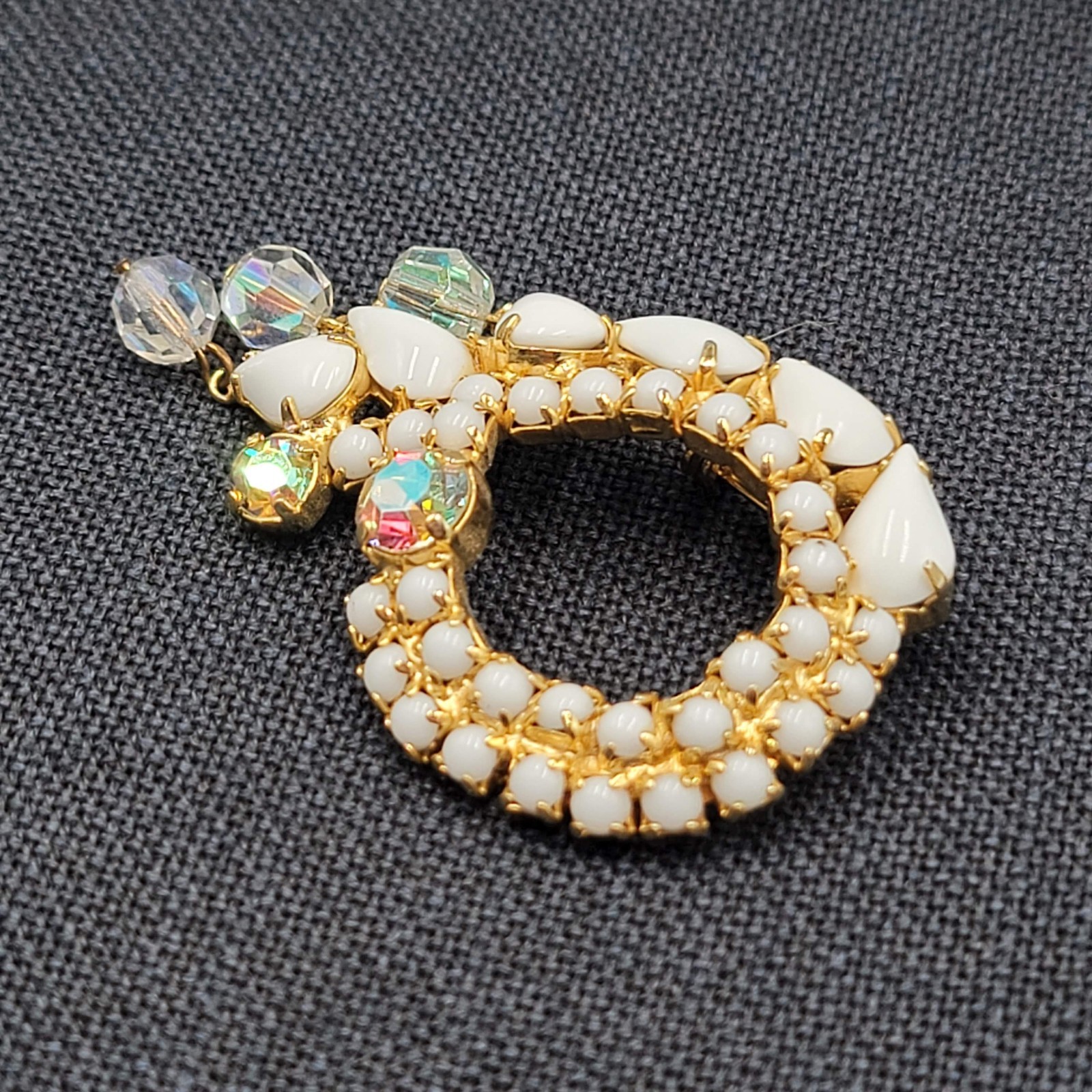 Vintage White Acrylic Rhinestone Brooch Gold tone Prong Set AB Beads 2.5″