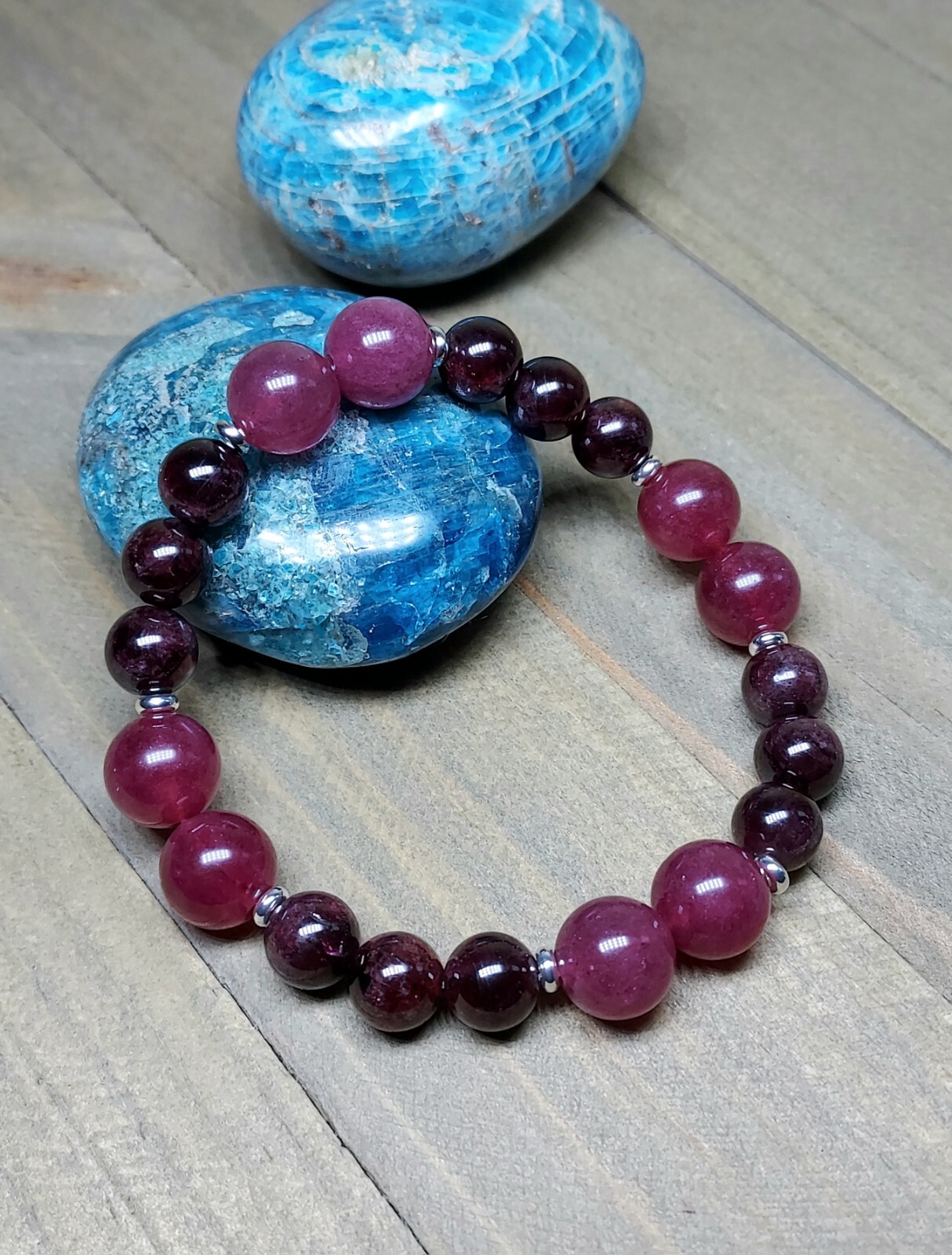 Red Garnet Gem Bead Bracelet With Dark Pink Strawberry Quartz Stretchy 6.75″