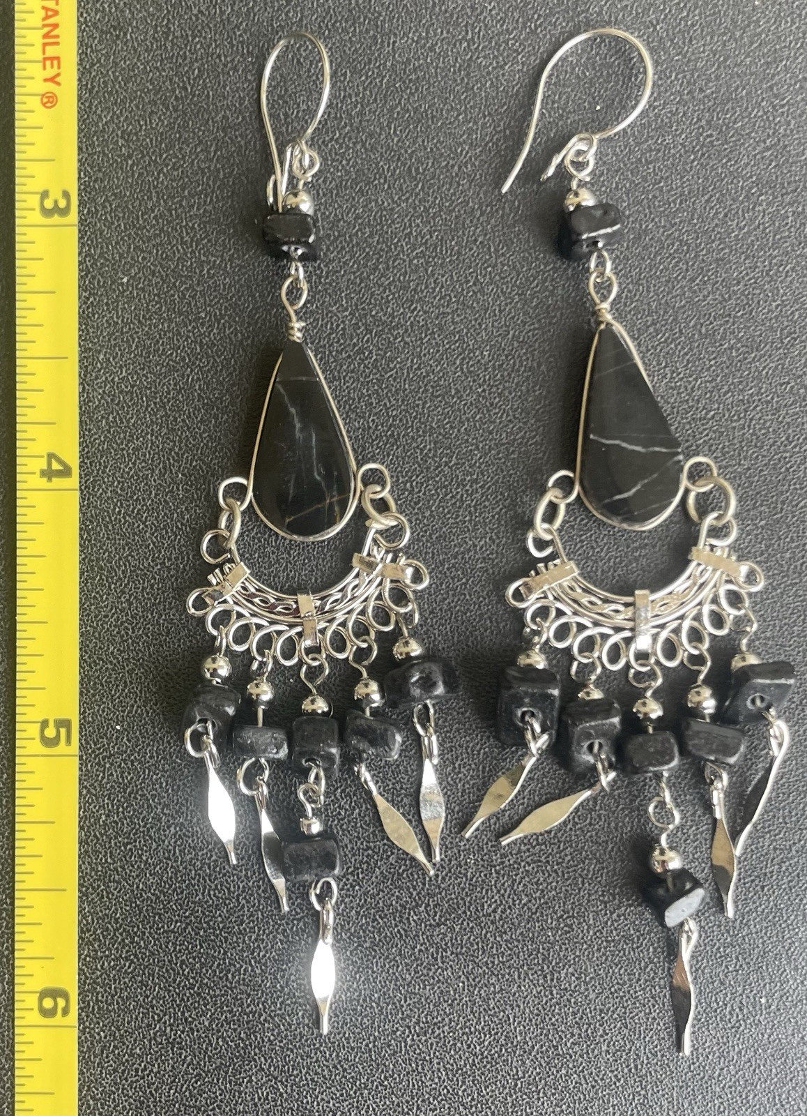 Peruvian Black Onyx Semi-Precious Stone Necklace Long Earrings Bracelet Set Peru