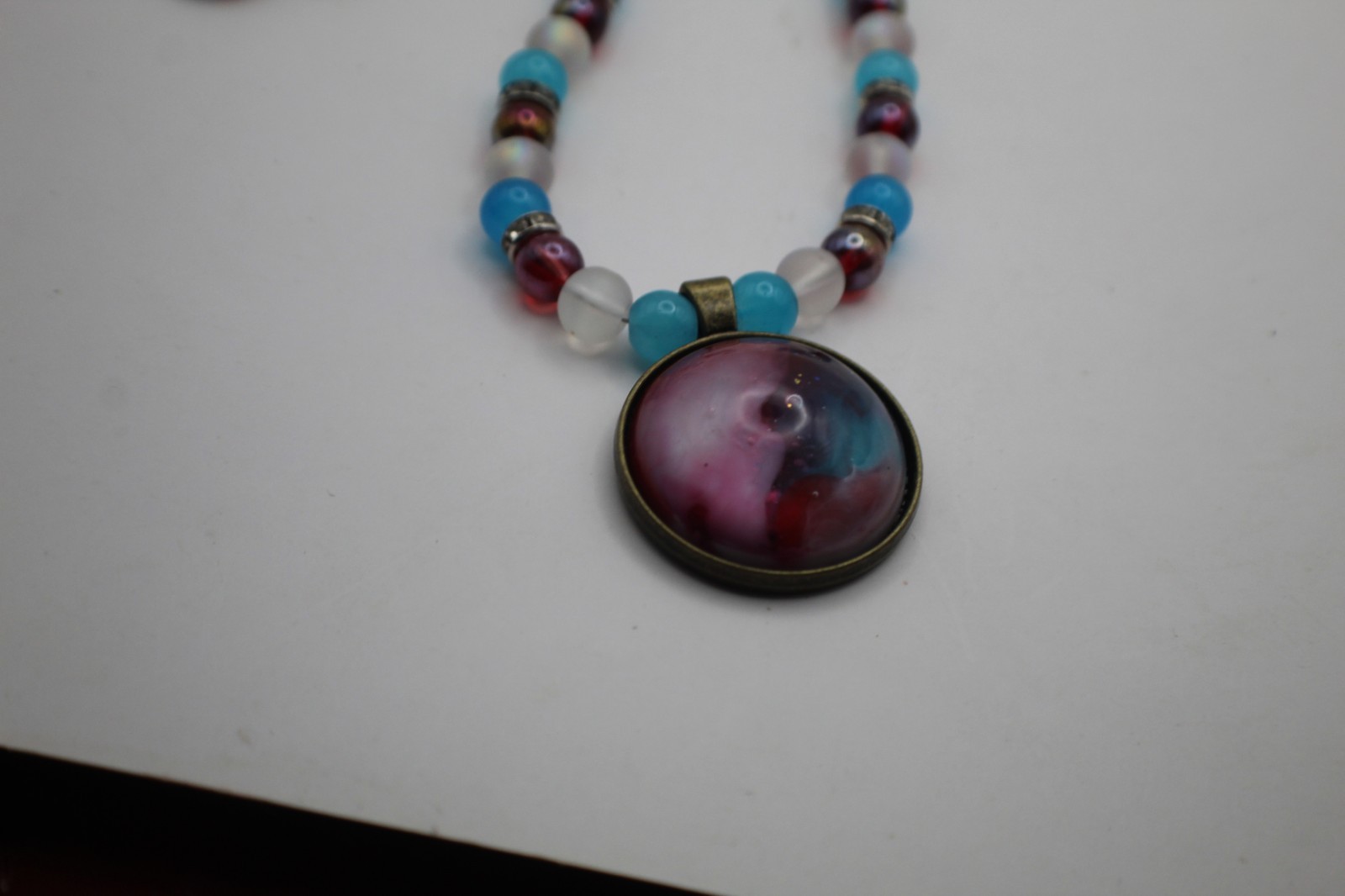 Red White And Blue Resin Jewelry Set With Large Abstract Pendant