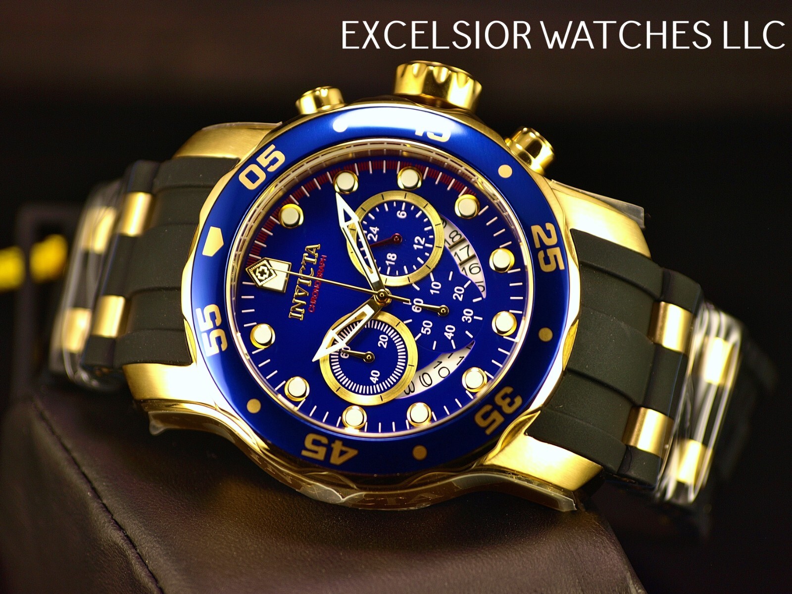 Invicta Mens 48mm PRO DIVER SCUBA Chronograph BLUE Dial 18K Gold Plated SS Watch