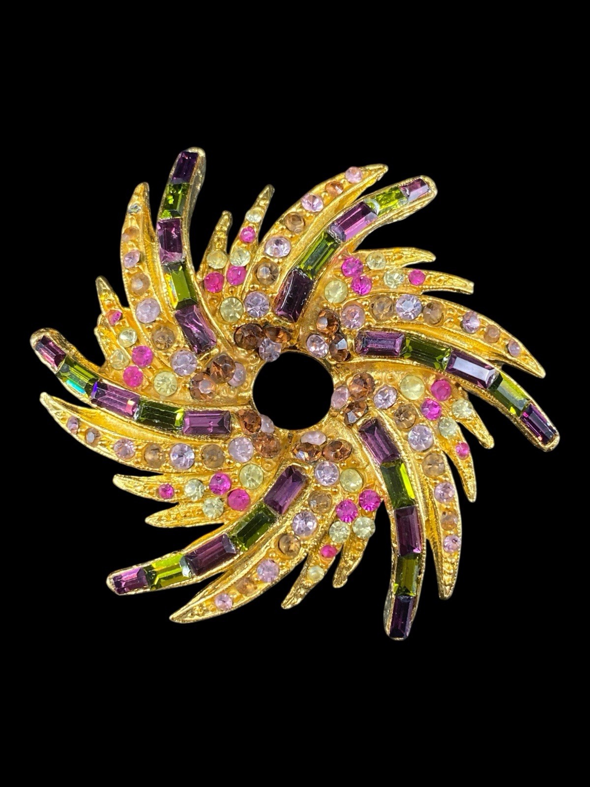 Vintage PELL Colorful Round Baguette Rhinestone Crystal Swirl Wreath Brooch