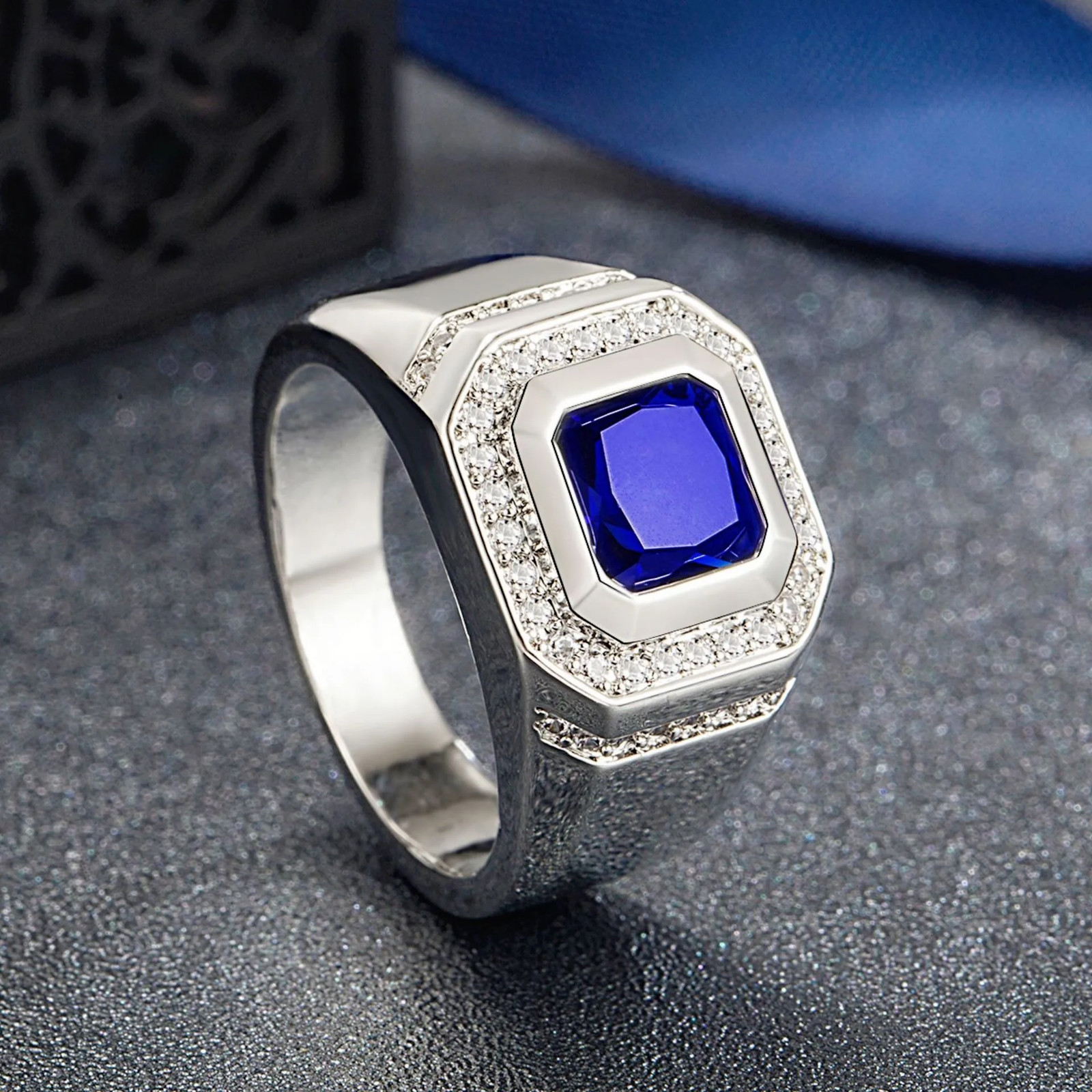 Blue Crystal Ring Silver Color Geometric Tension Mount Wedding Men Jewelry