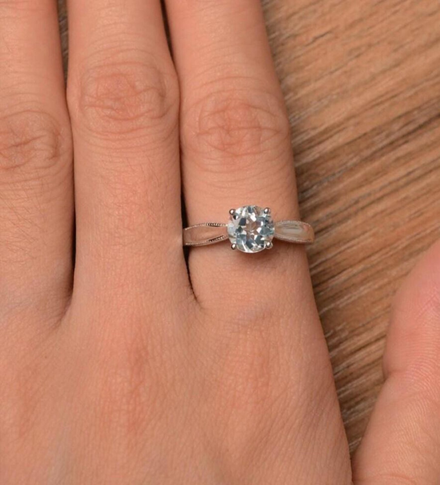 Aquamarine Ring 925 Sterling Silver Round Cut Solitaire March Birthstone Gift