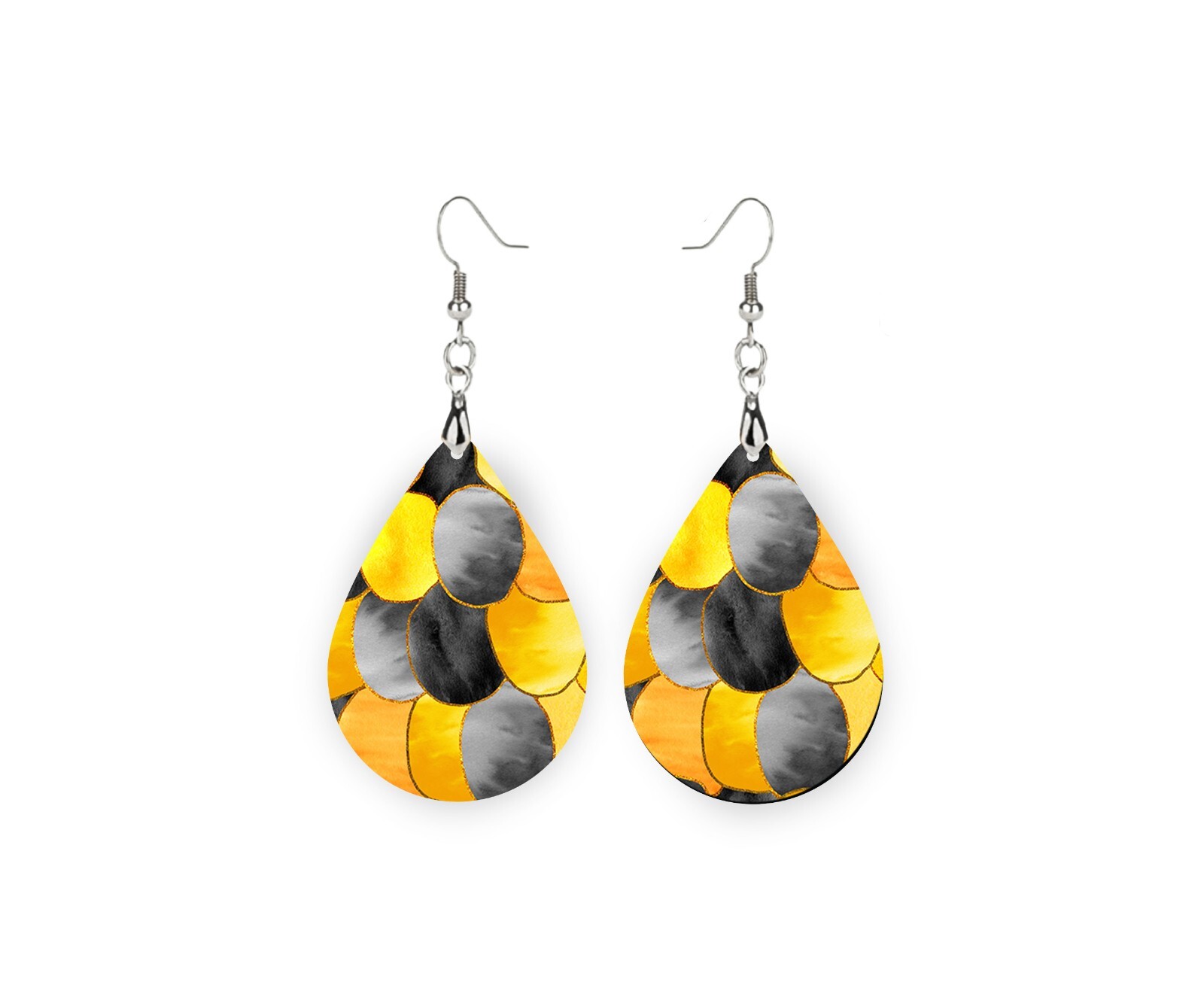 Yellow Black and Gray Abstract Wood Tear Drop Printed Earrings Jewelry Western