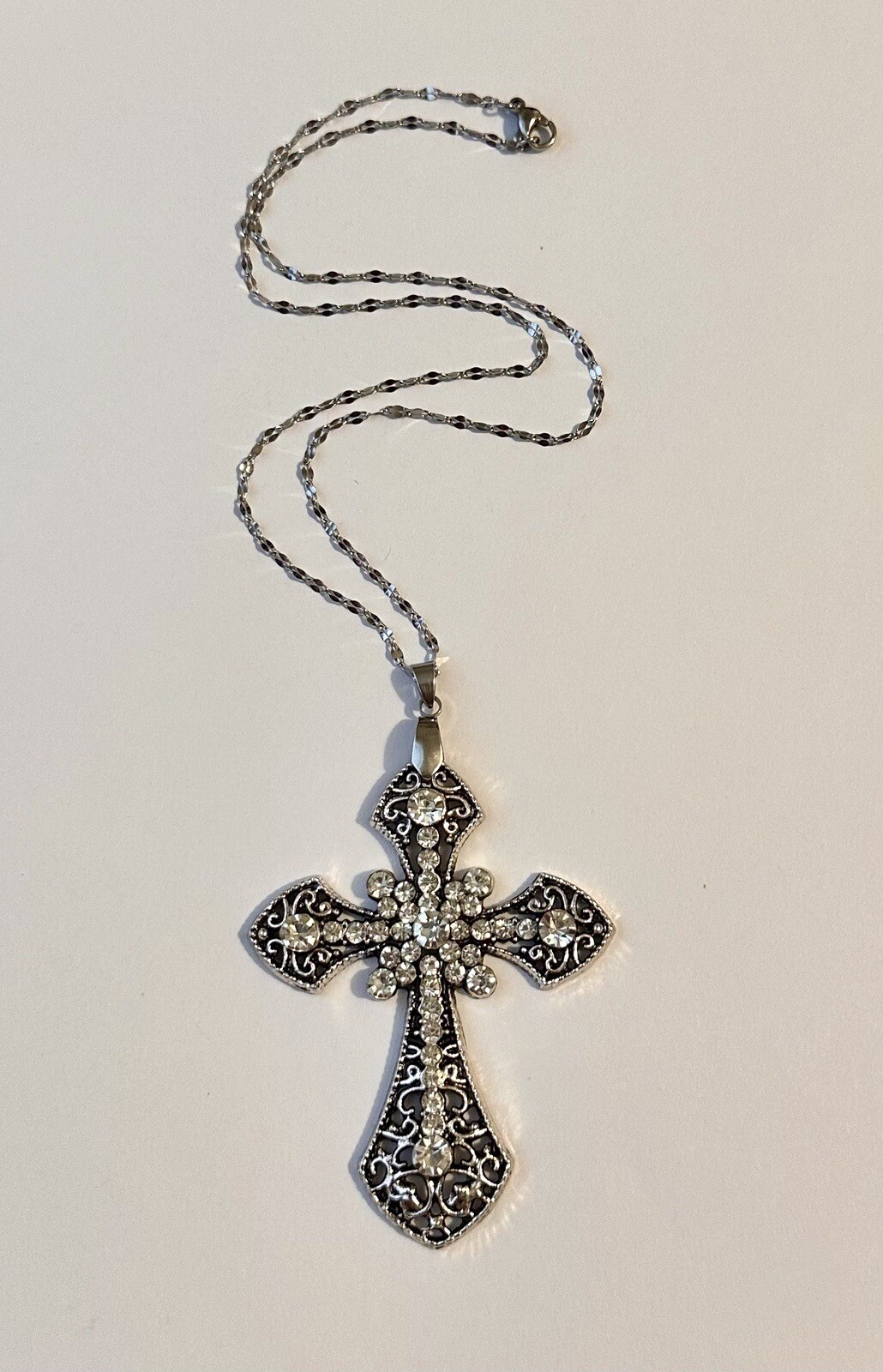 Large Victorian Cross Necklace Chain Silver Religious Gothic Grunch Whimsgoth