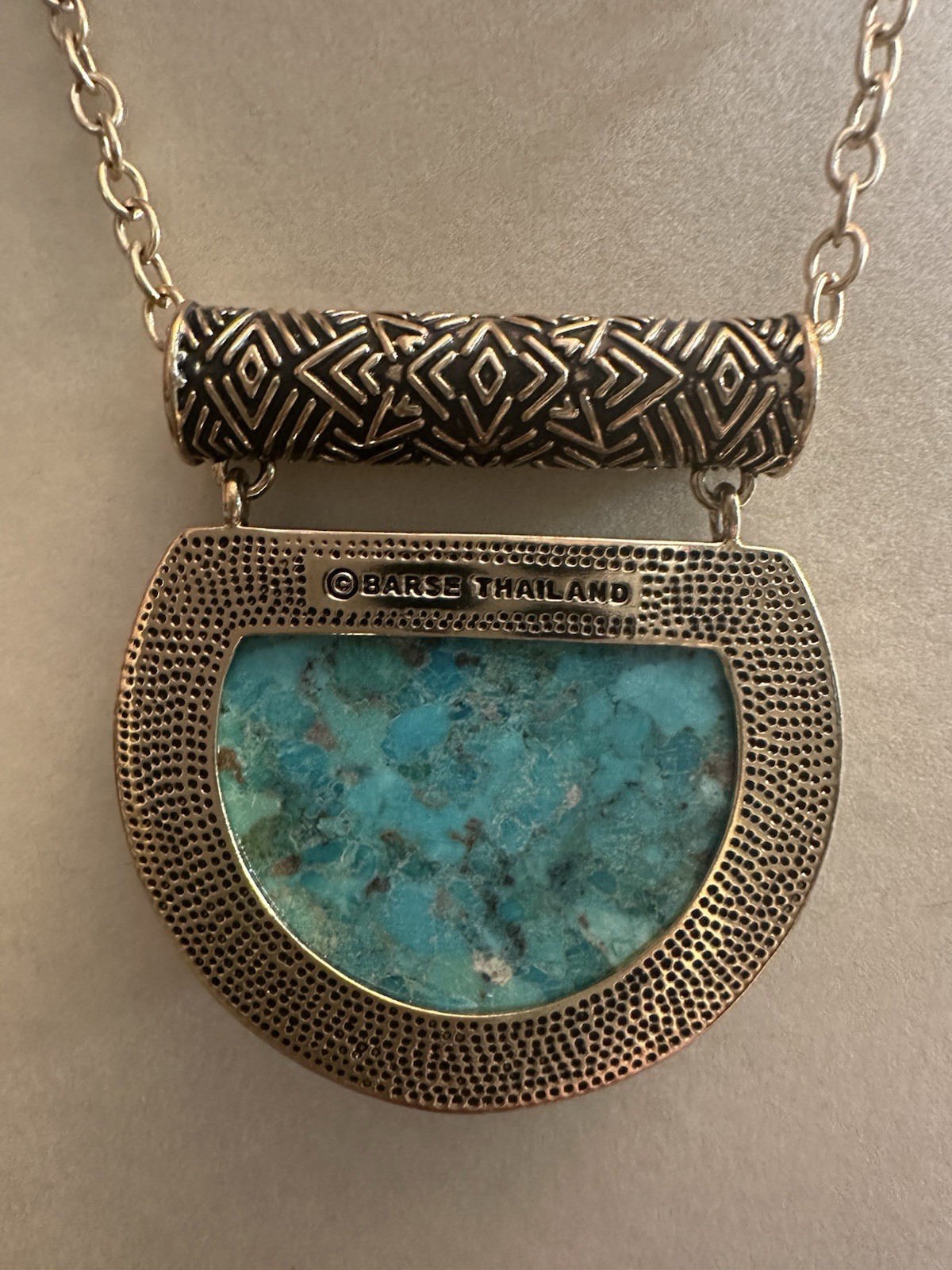 Barse Signed Turquoise Half Moon Pendant Necklace Bezel Silver Tone Thailand