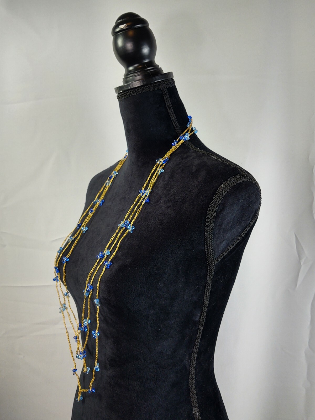 Vintage Blue Plastic Beaded Necklace Long Gold Tone Chain Costume Jewelry