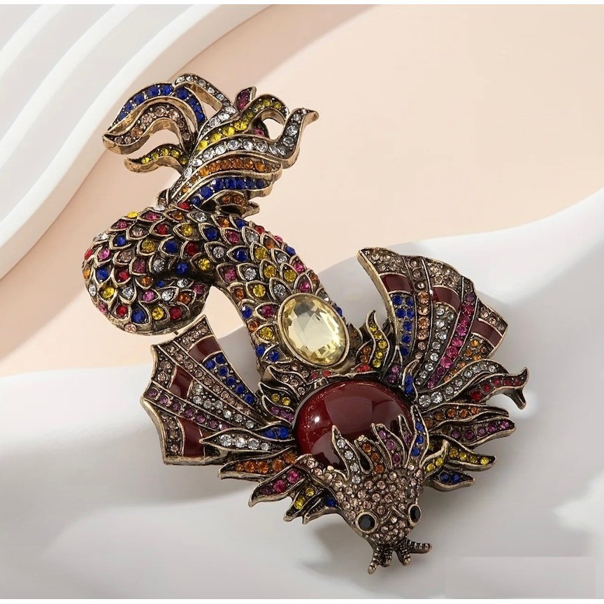 Heidi Daus Koi Fish Multicolor Rhinestones on Gold Tone Brooch Pin Extra Large
