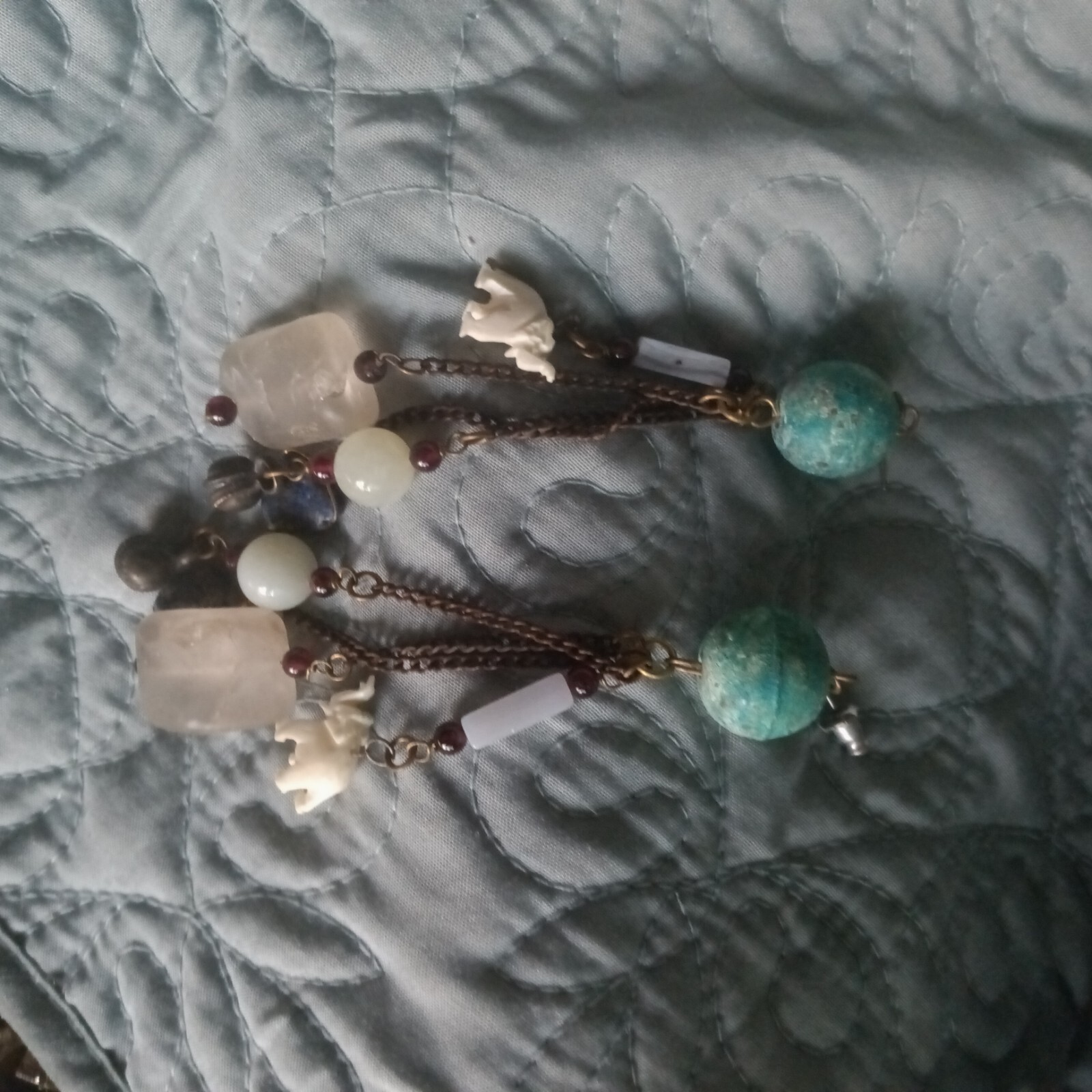 Crafted Dangle Drop Earrings 4″. Beads Granite Heart Elephant on Verdigris Ball.
