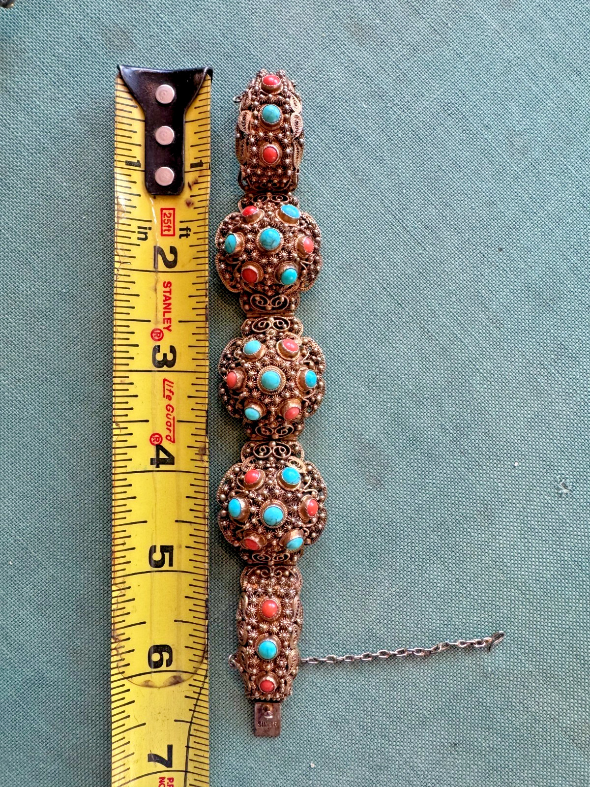 Intricate Gold Wash Silver, Turquoise & Coral Bracelet, ASIA, China, VINTAGE