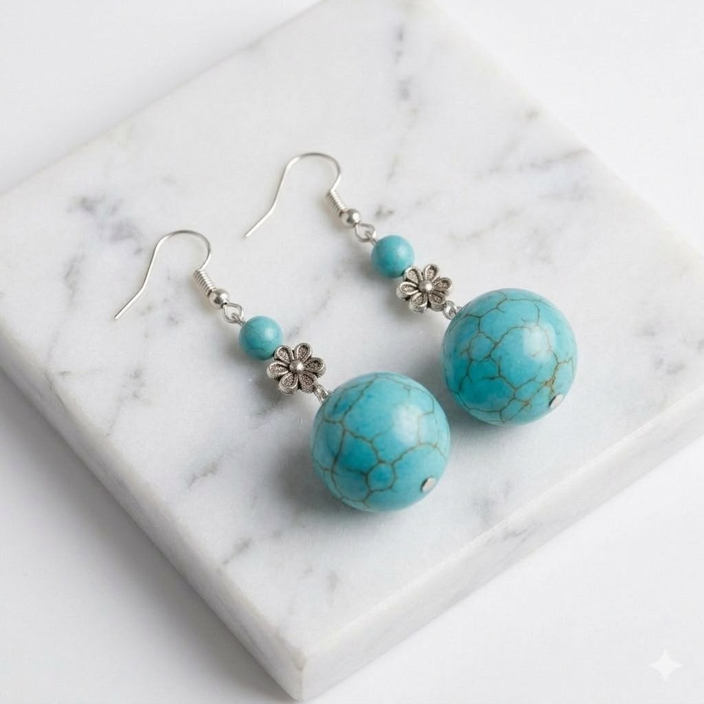 Women’s turquoise ball shaped earrings stainless steel hook synthetic stone Boho