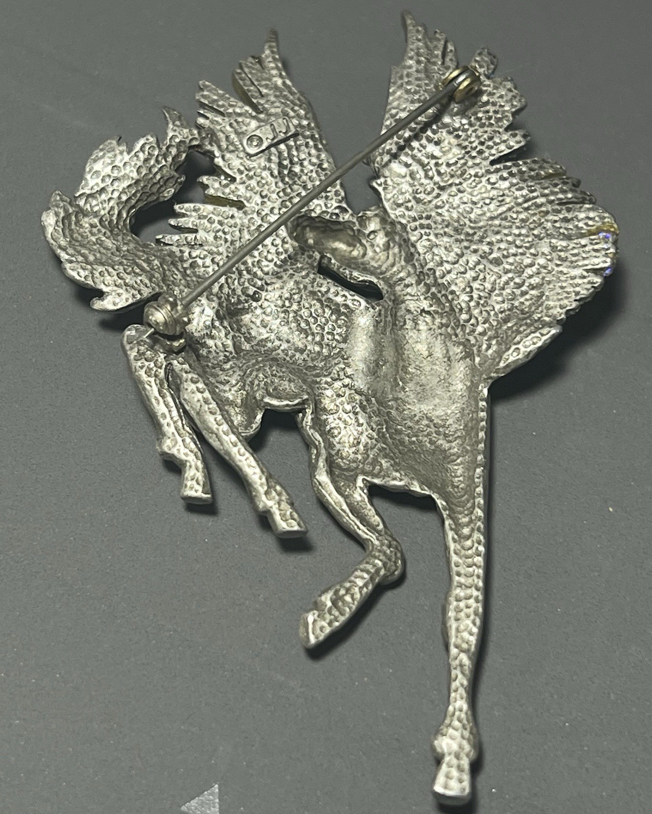Vintage JJ Jonette Brooch Pewter Horse Pegasus Purple Glitter 3.5 Inches