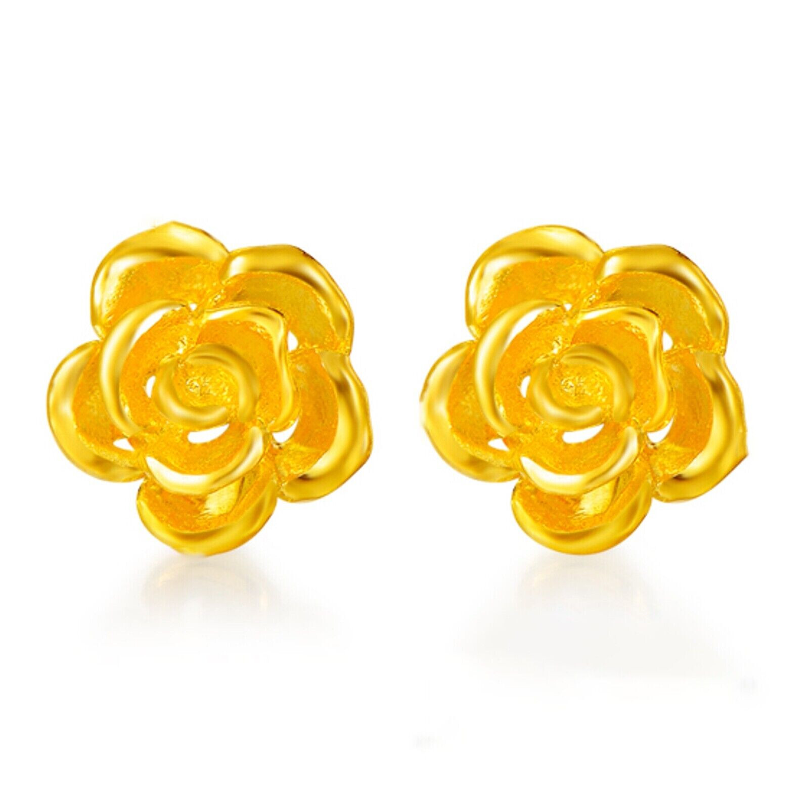 Pure 999 24k Yellow Gold Stud Women Gift Lucky Rose Flower Earrings /2.2-2.3g