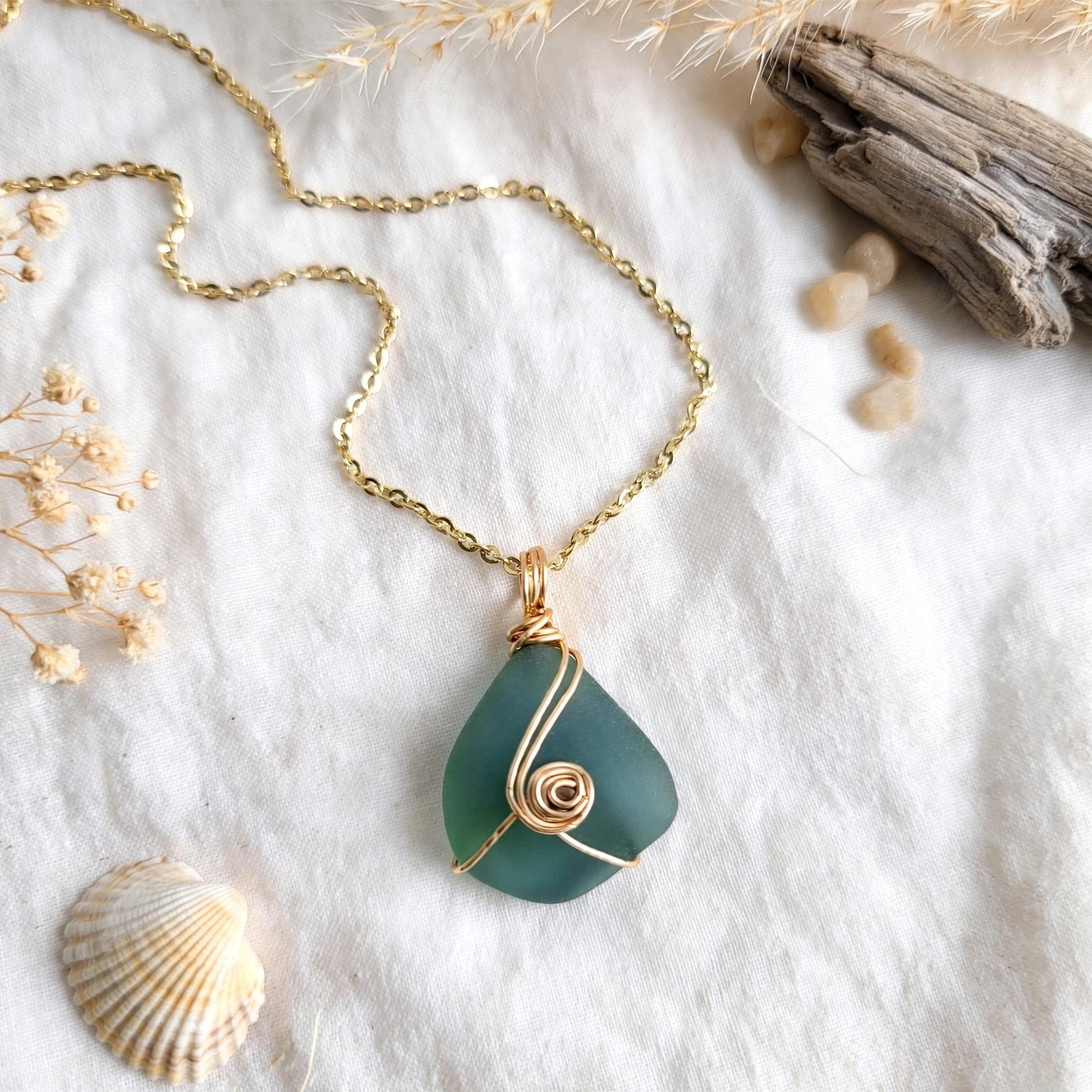 Wire Wrapped Sea Glass Pendant Green Gold Swirl Wire Hand Made