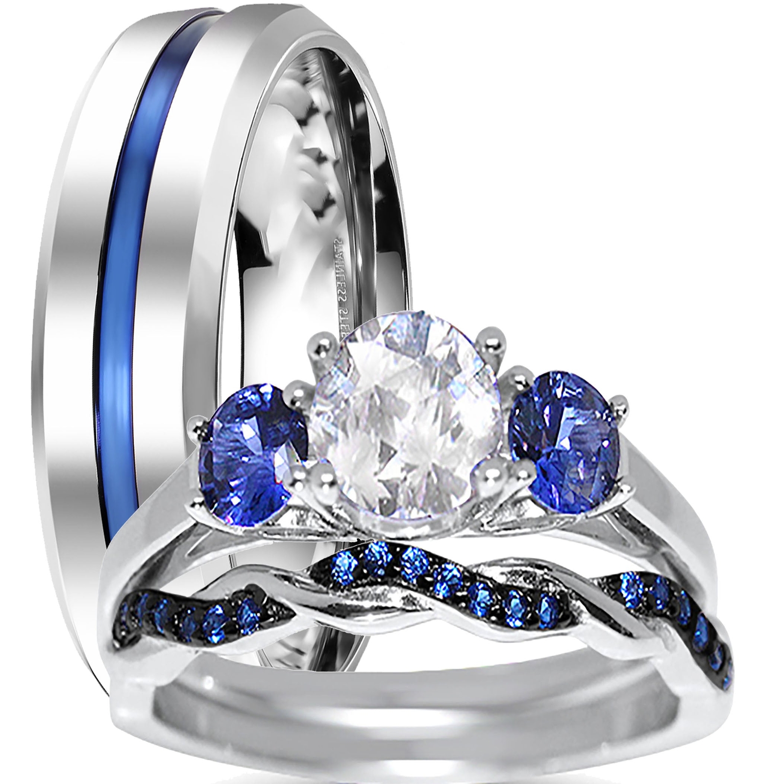 His Her Blue Simulated Sapphire CZ Silver Steel TRIO Wedding Ring Set
