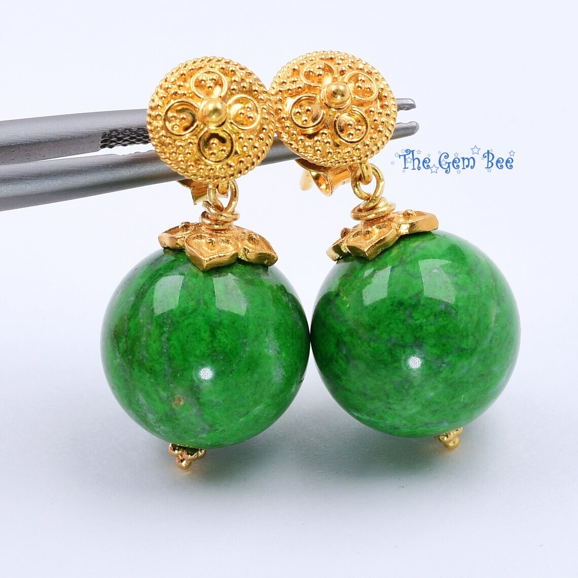 18K Solid Yellow Gold 13.2mm Maw Sit Sit Round Sphere Globe Bead Earrings