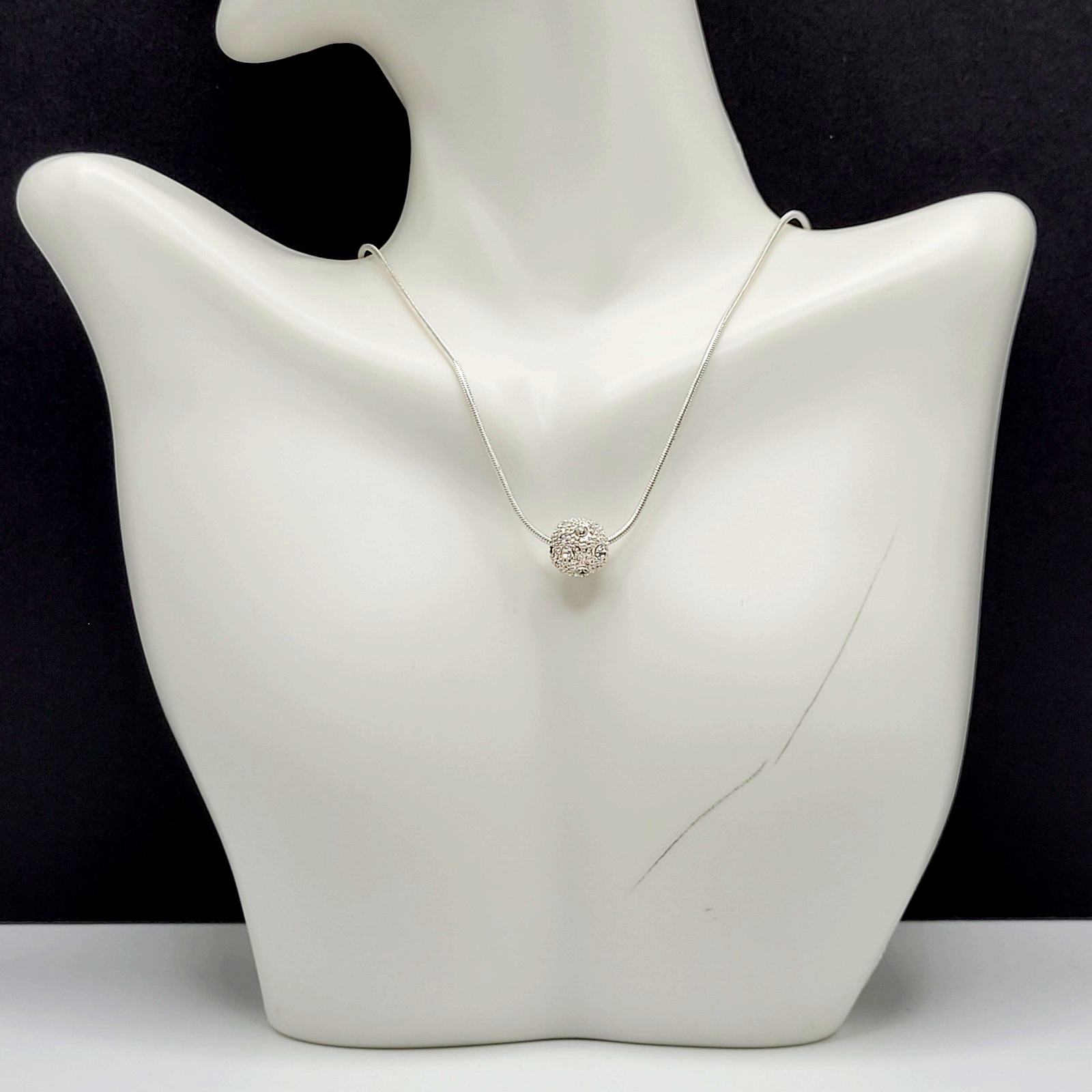 Disco Ball Glitter Sphere Feminine Elegant Style Silver Tone Pendant Necklace