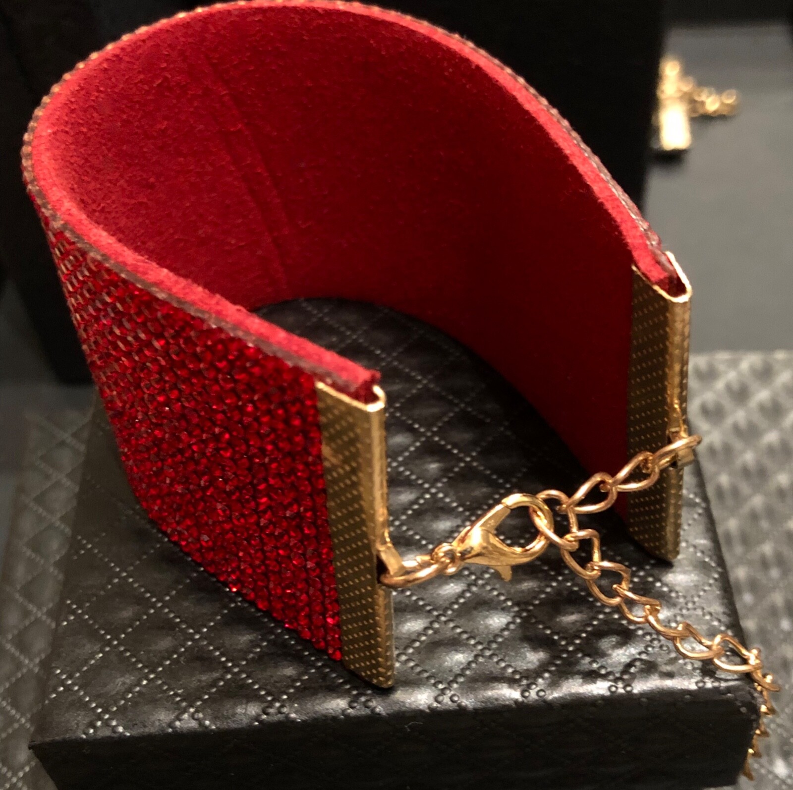 Alcantara Leather Wide Bling Swarovski Elements Wide Red Cuff Bracelet 6” + 2.5″
