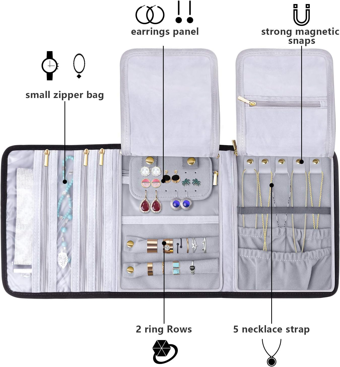 Velvet Travel Jewelry Roll, Jewelry Storage Bag Organizer for Necklaces