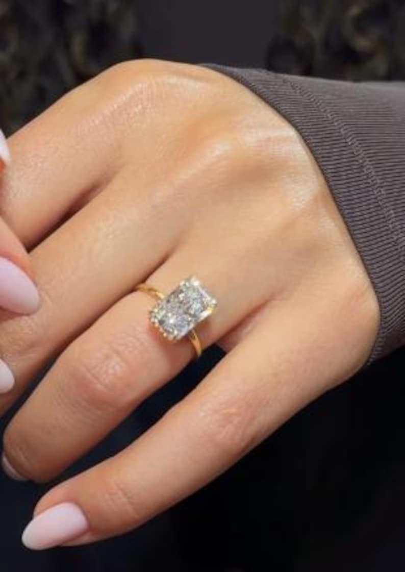 2.0 CT Radiant Cut Moissanite Prong Set 14K Gold Hidden Halo Engagement Ring