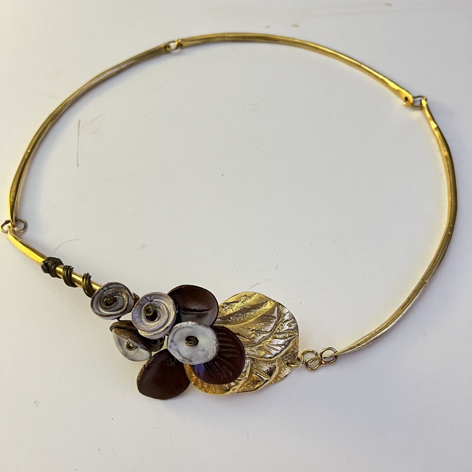 Necklace Designer Mimi Choker 10” Signed Cast Brass Floral Center Vintage