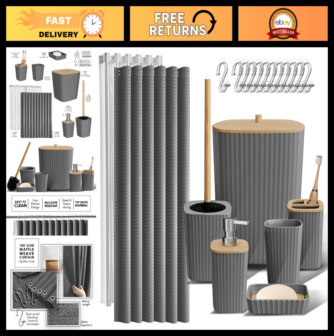 20PC Grey Bathroom Accessories Set – Shower Curtain, Toilet Brush, Trash Can & S