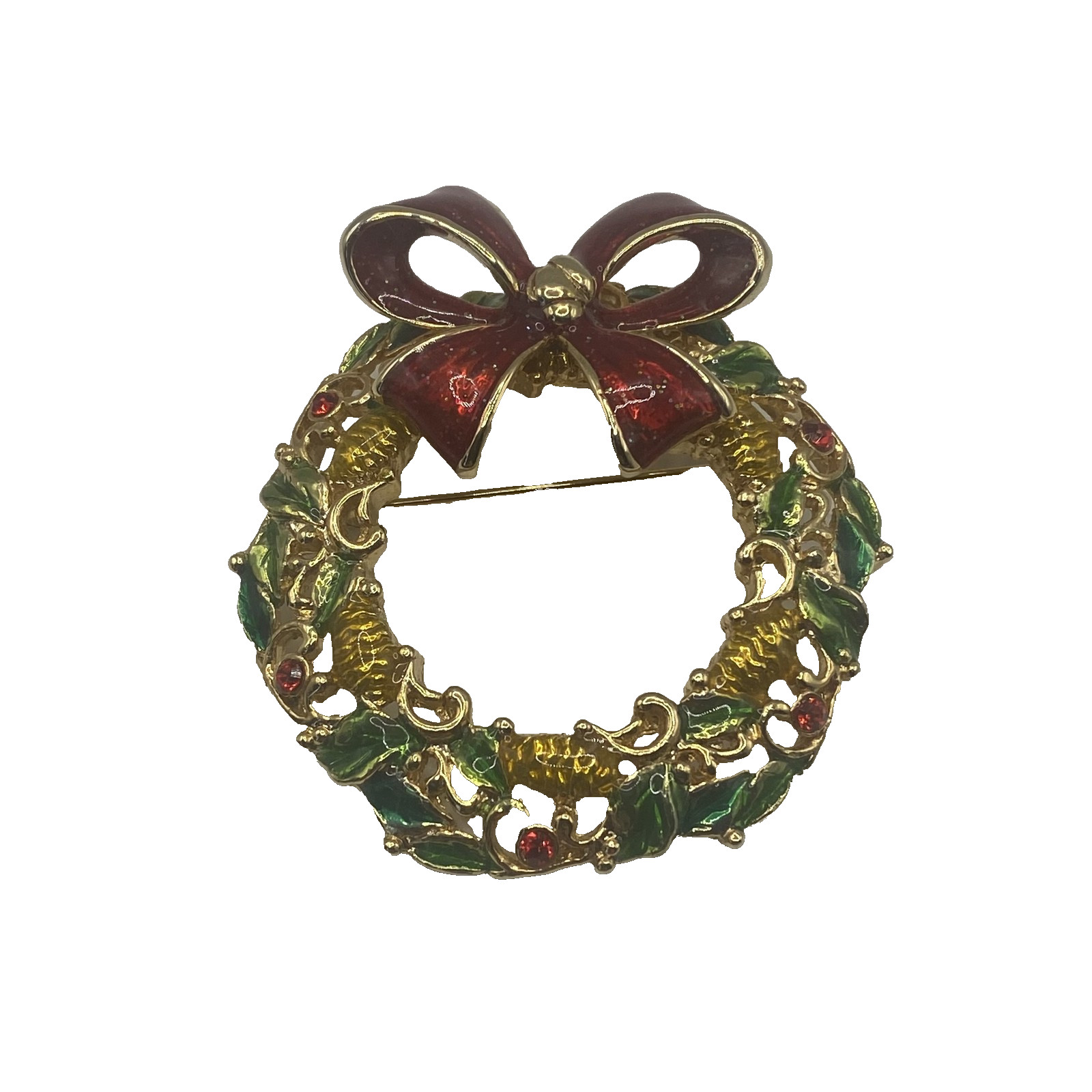 Gerry’s Christmas Wreath Brooch Pin Green Enamel Rhinestone Gold Tone 1.75 In