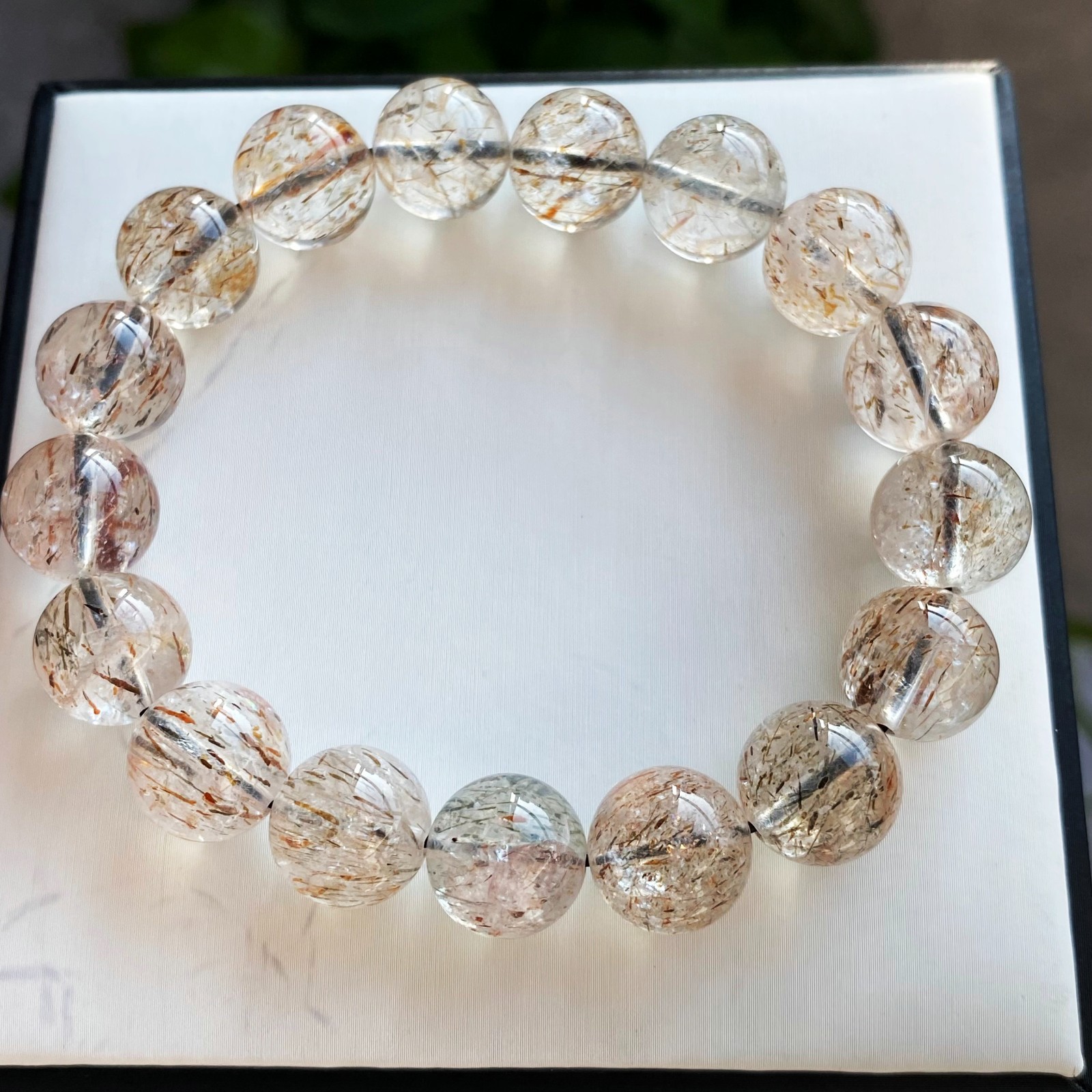 12.9mm Natural Black Gold Rutilated Super 7 Quartz Crystal Beads Bracelet 2571