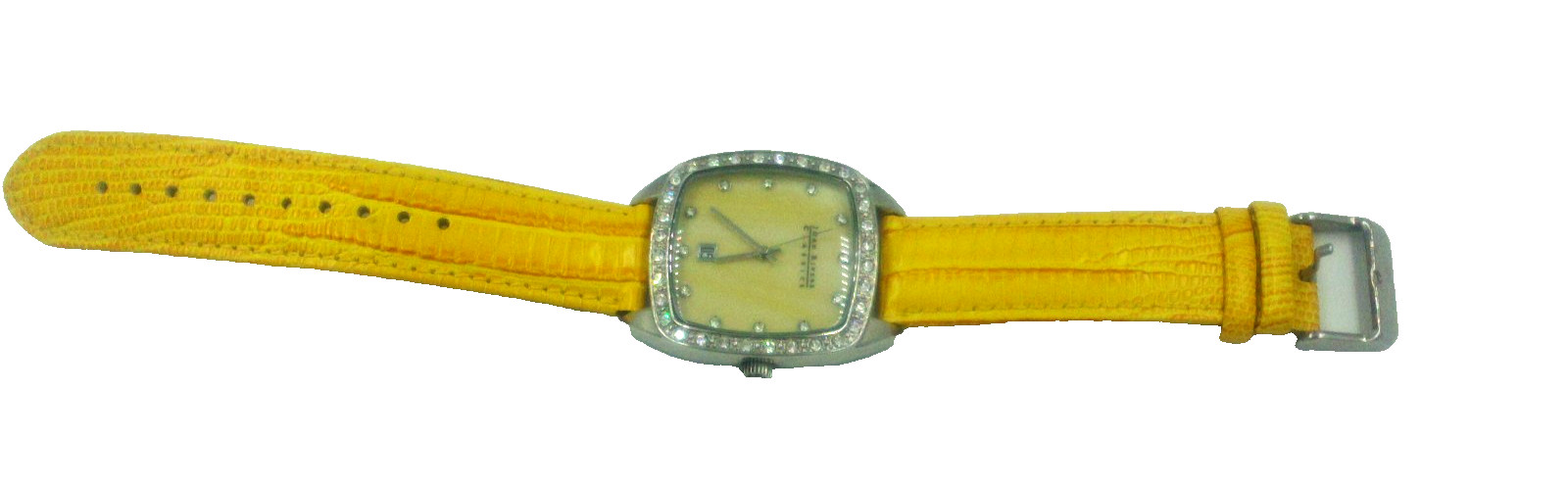 Joan Rivers Classics Yellow Leather Silver Tone CZ Watch V377 Needs Battery
