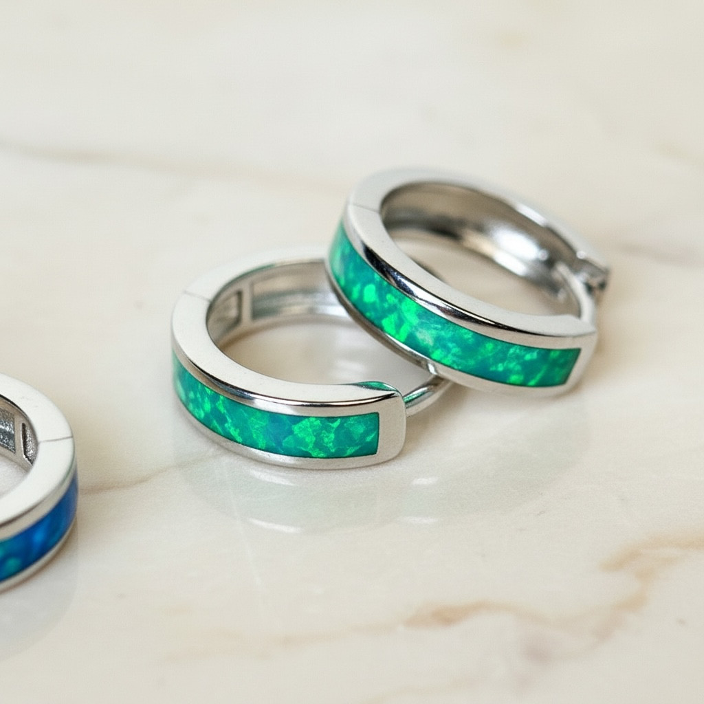 Opal Hoop Earrings | Elegant Silver Opal Huggie Set | Everyday White & Blue Opal