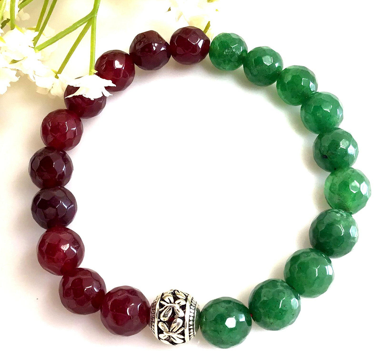 Jade Bracelet, Green and Red Jade Bracelet, healing gemstone stretchy for women