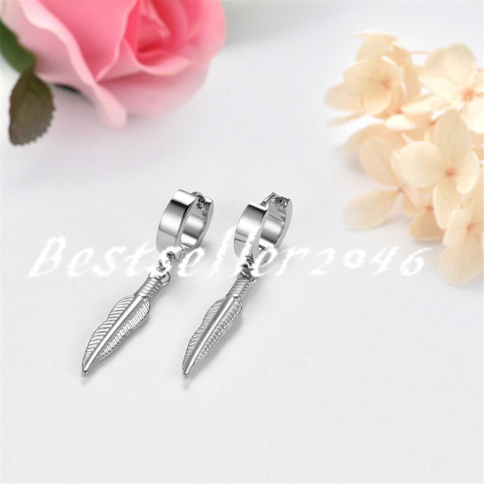 2pcs Men Women Stainless Steel Long Feather Dangle Hoop Huggie Earrings Studs
