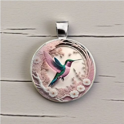 Hummingbird Design Round Glass Art Pendant / Charm (No Chain)