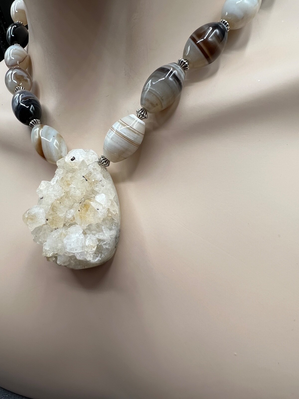 NATURAL DRUSY QUARTZ PENDANT WITH BOSTWANA AGATE BEAD NECKLACE EARRING SET
