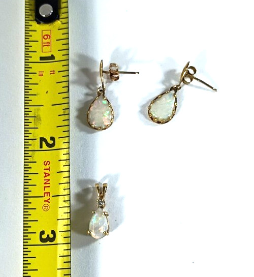 Vintage 14K Gold Opal Earrings & Pendant Set Natural White Fire Opal Mexico