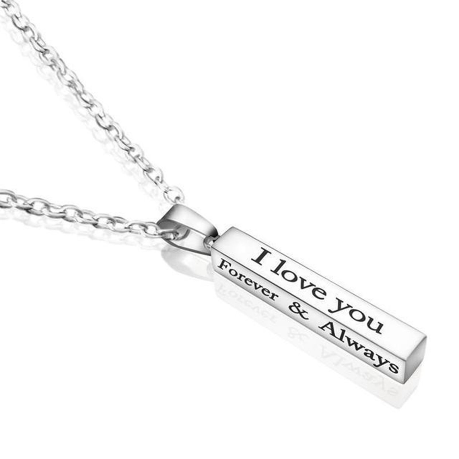Silver Column Bar Necklace I Love You Forever & Always Romantic Pendant Gift