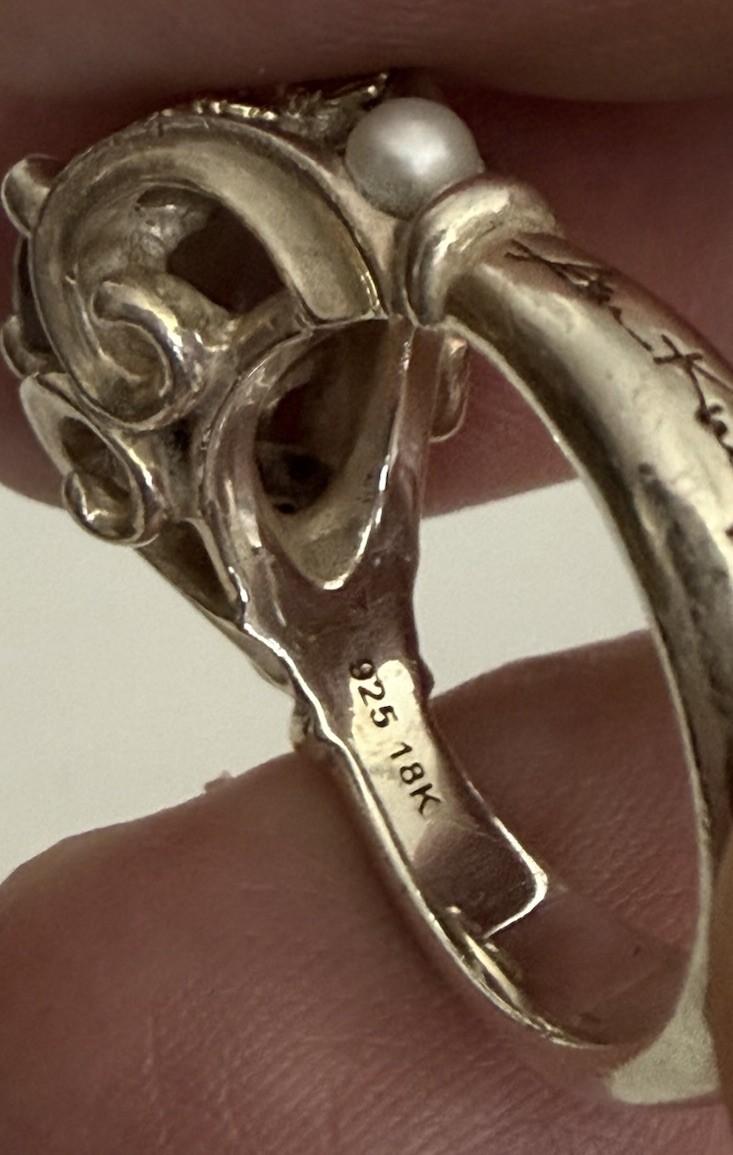 Ann King 925 Sterling Silver 18K Gold Prasiolite Pearl Butterfly Ring Sz 8