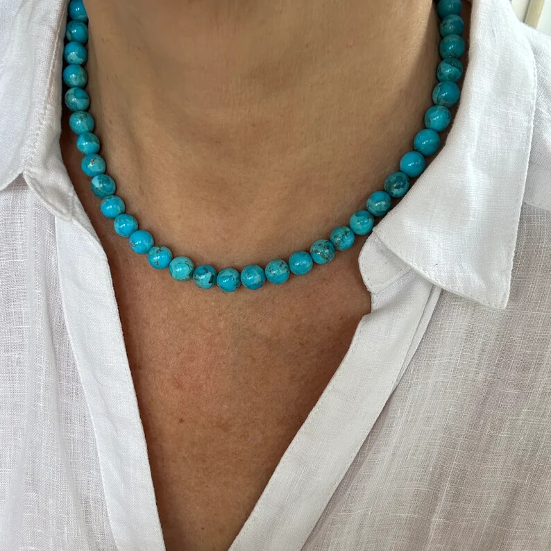 Kingman Turquoise Necklace | 8mm Bright Blue Round Beads | High-Grade Striking