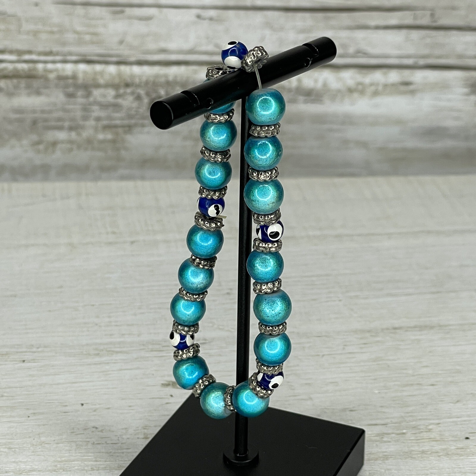 Evil Eye Turkish Bracelet Blue Glass Beads Stretch To Fit Protection