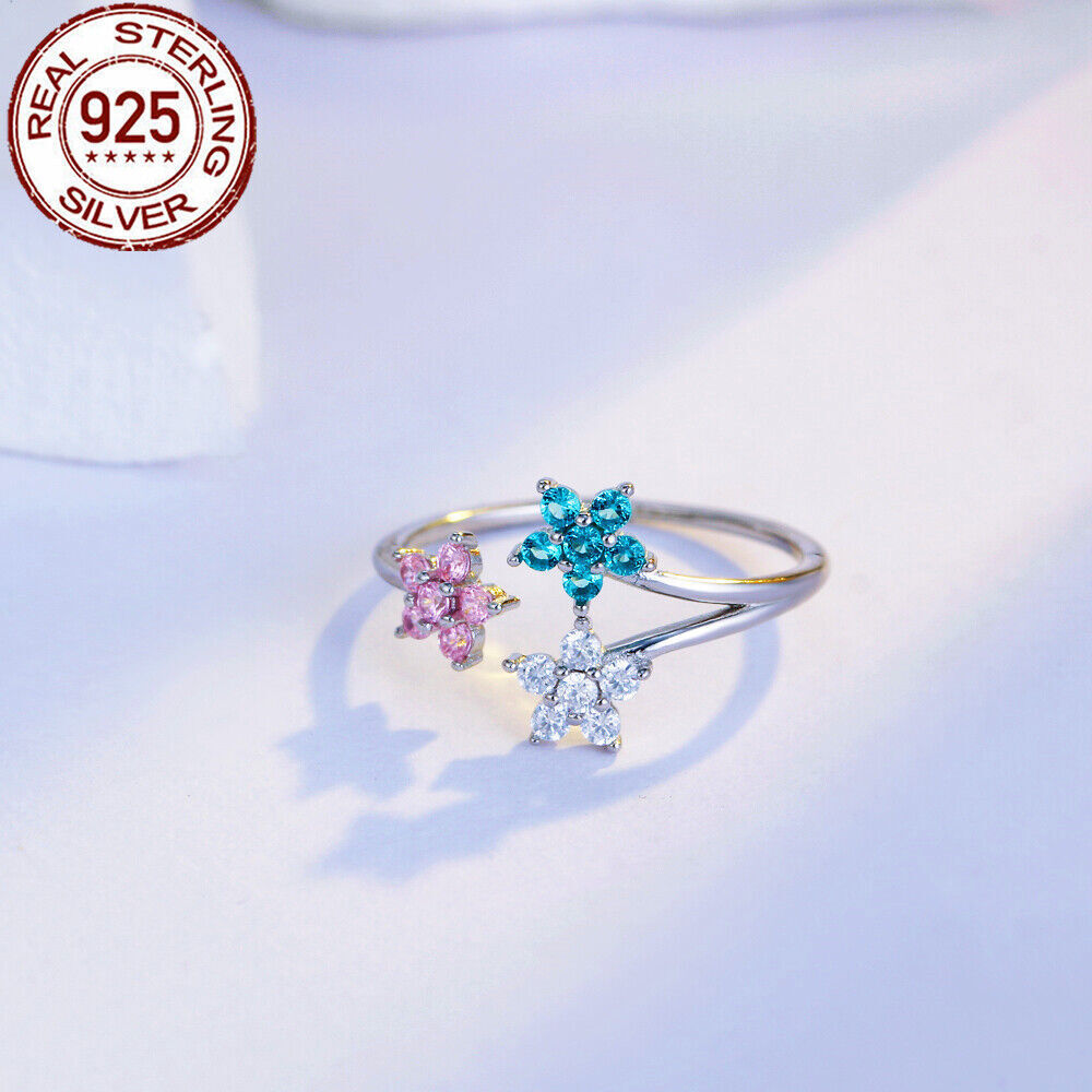 Flower Open Cuff Ring Adjustable Cubic Zircon Polished 925 Sterling Silver Gift