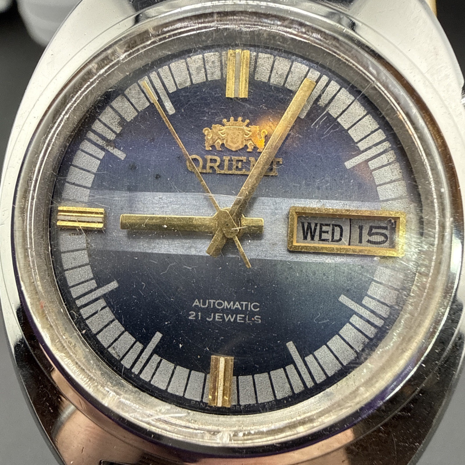 Vintage Men’sOrient Automatic Watch 38mm Gold Tone Blue Dial 21 Jewels Day Date