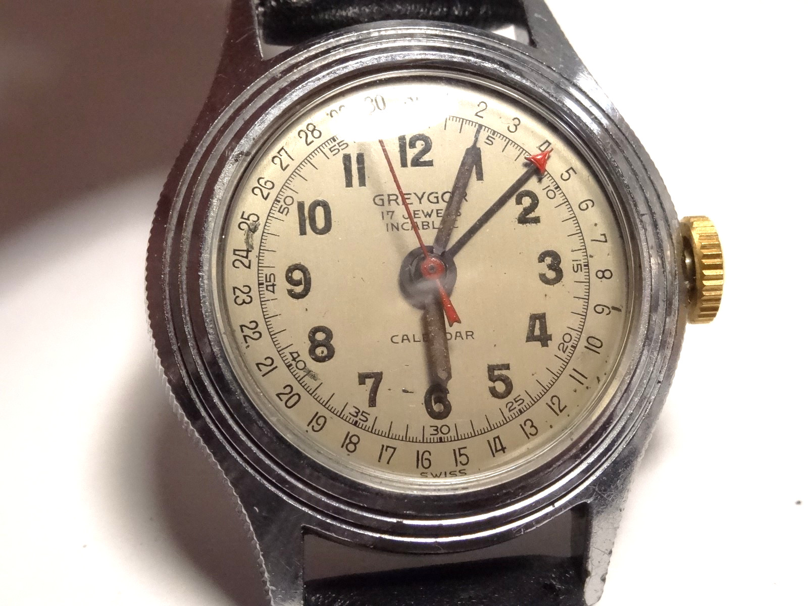 1950s Greygor Calendar 30mm 17J FHF28 Arrow Date Pointer Watch Stepped Case Runs