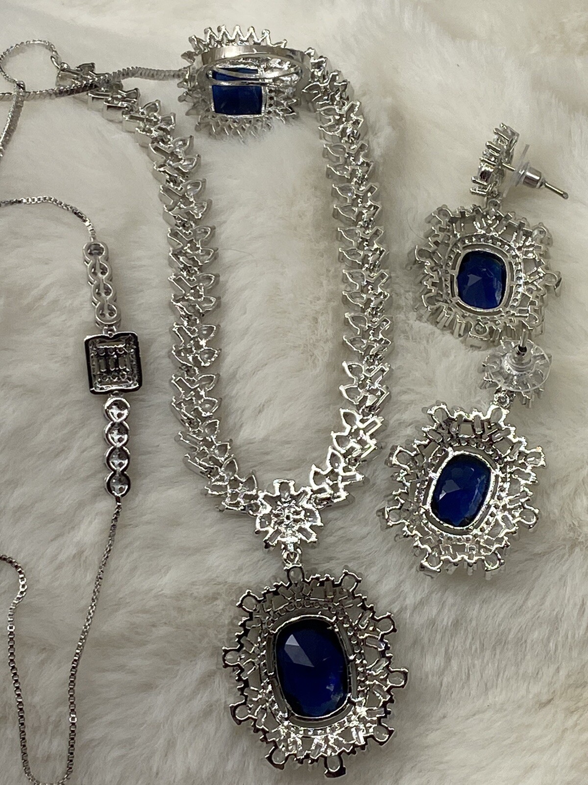 💝925 Silver, CZ & Sapphire Necklace, Earrings, Bracelet & Ring, Size