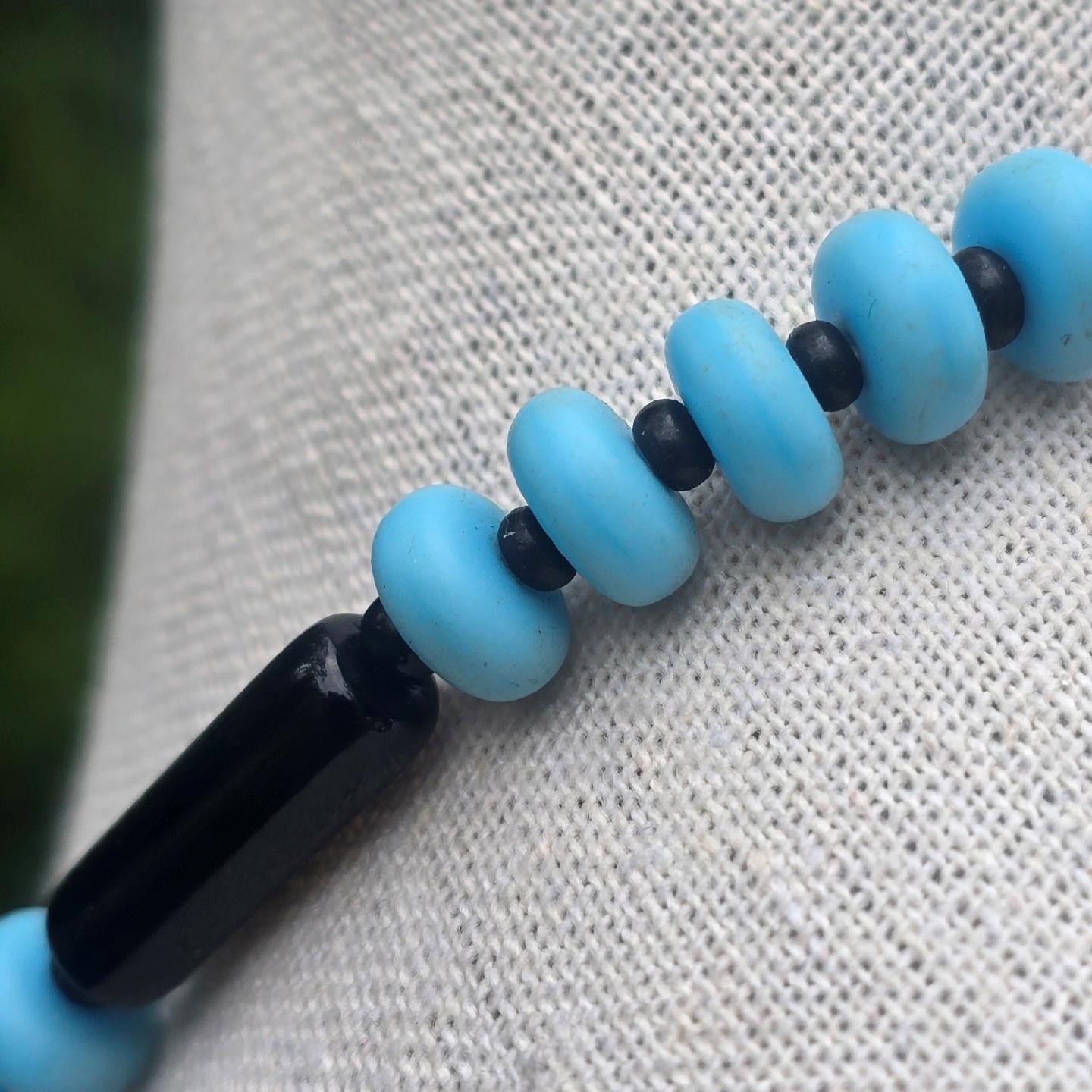 Vintage German Glass Bead Necklace Black & Blue Mid Century Old Stock 18.5 in
