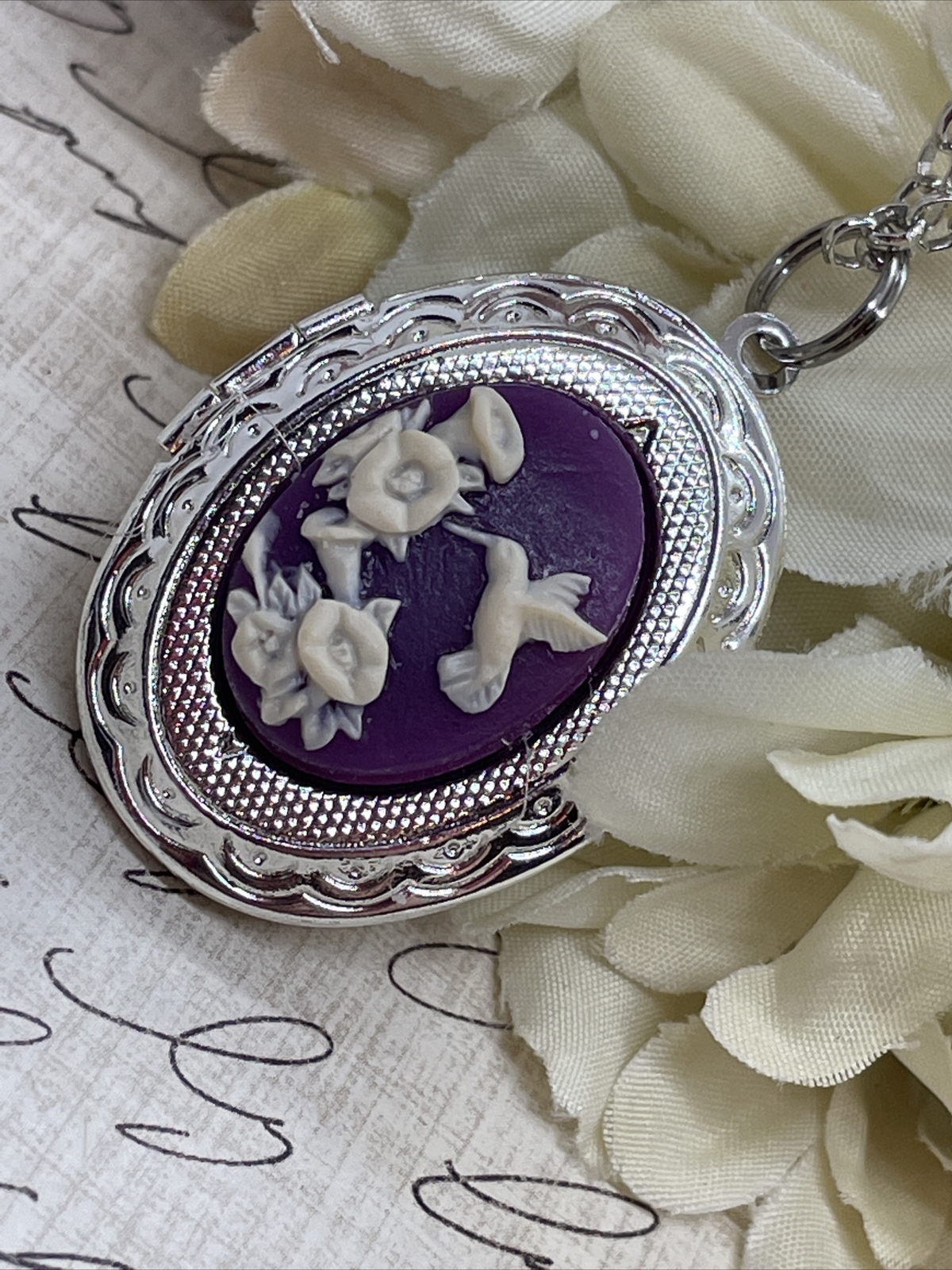 Purple Hummingbird Dainty Cameo Locket Silver Gift Wedding Party Jewelry Heart