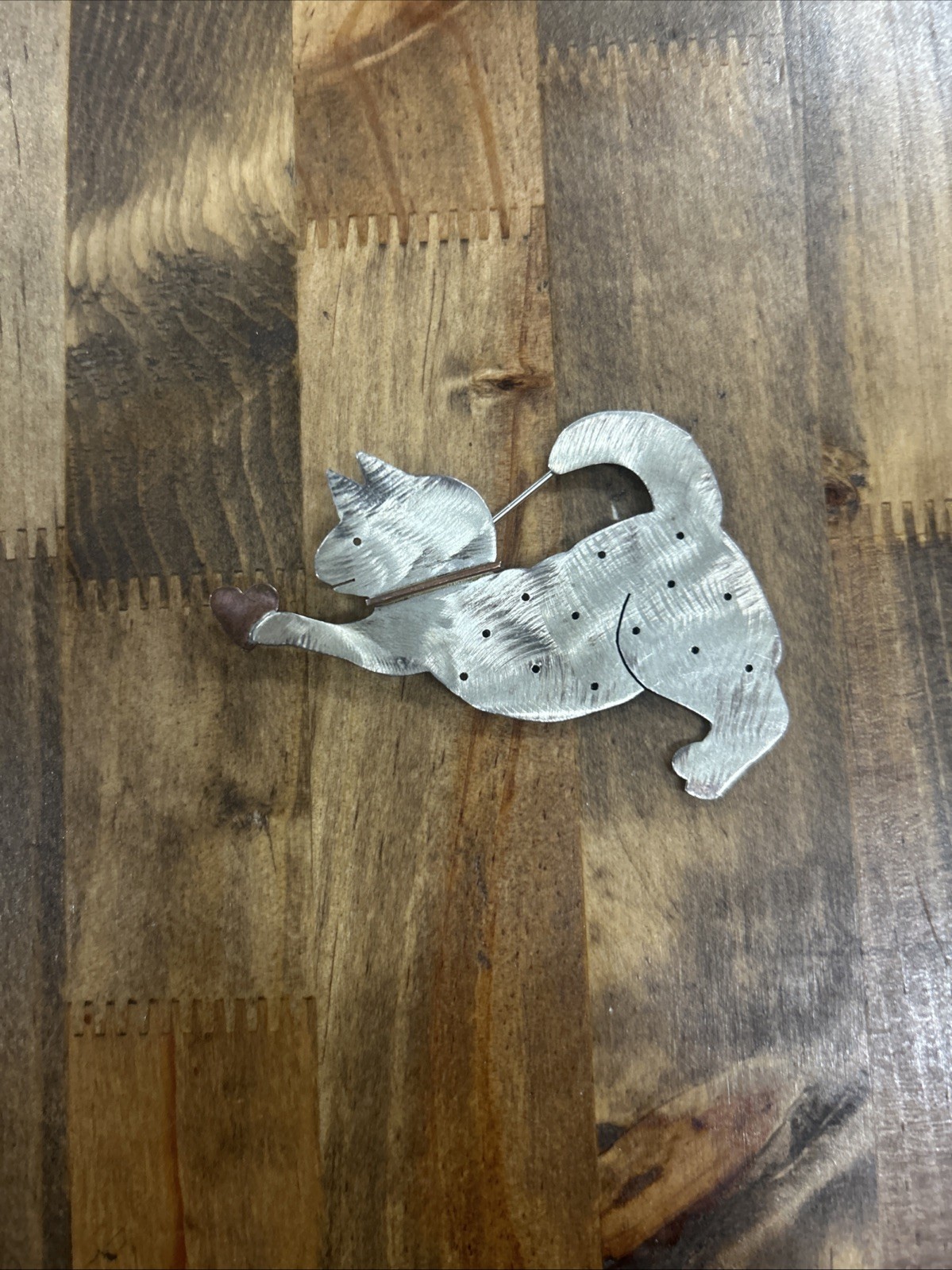 Sterling Silver Cat Heart Brooch 7.71 Grams