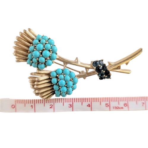 Crown Trifari Vintage Thistle Brooch & Earrings Set Turquoise 2.8in Auth