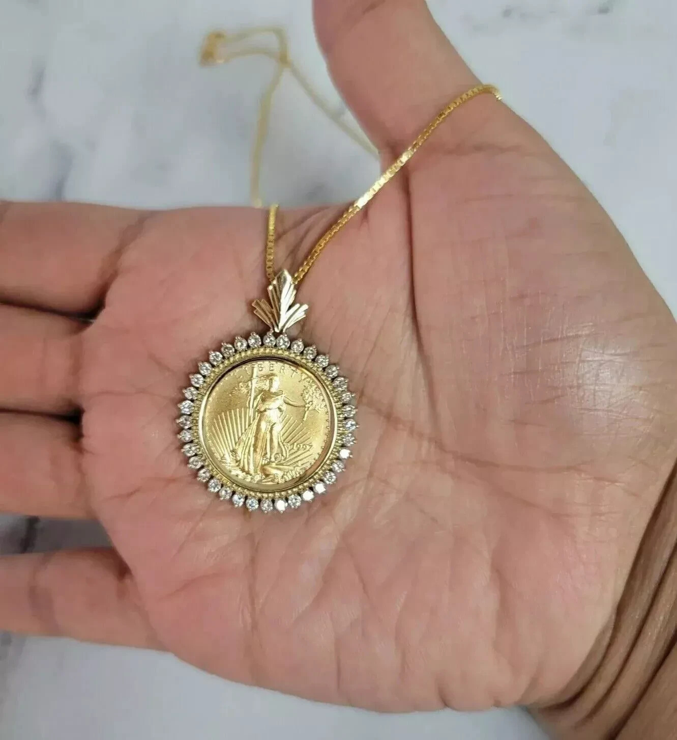 Lady Liberty Coin Pendant Round Lab Created Diamond 14K Yellow Gold Plated